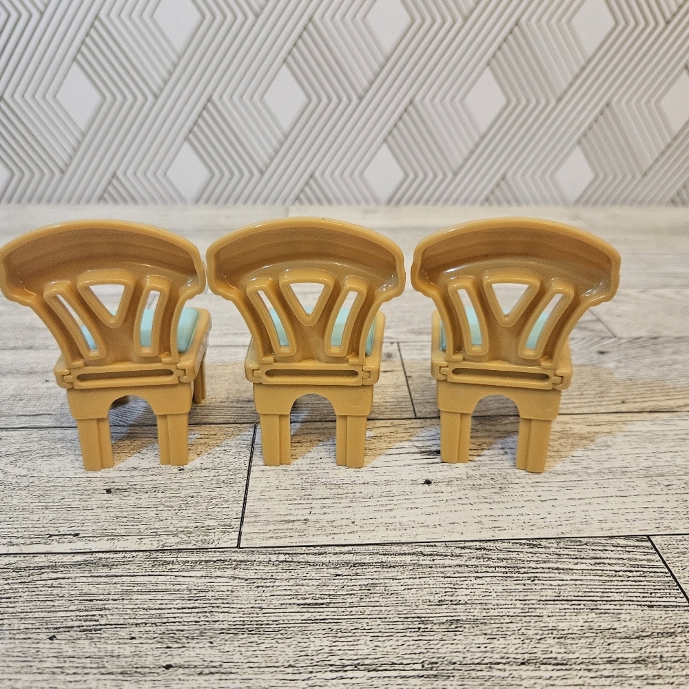 Vintage Fisher Price Loving Family Set of 3 Dining Room Chairs Light Brown/Teal - Picture 2 of 3